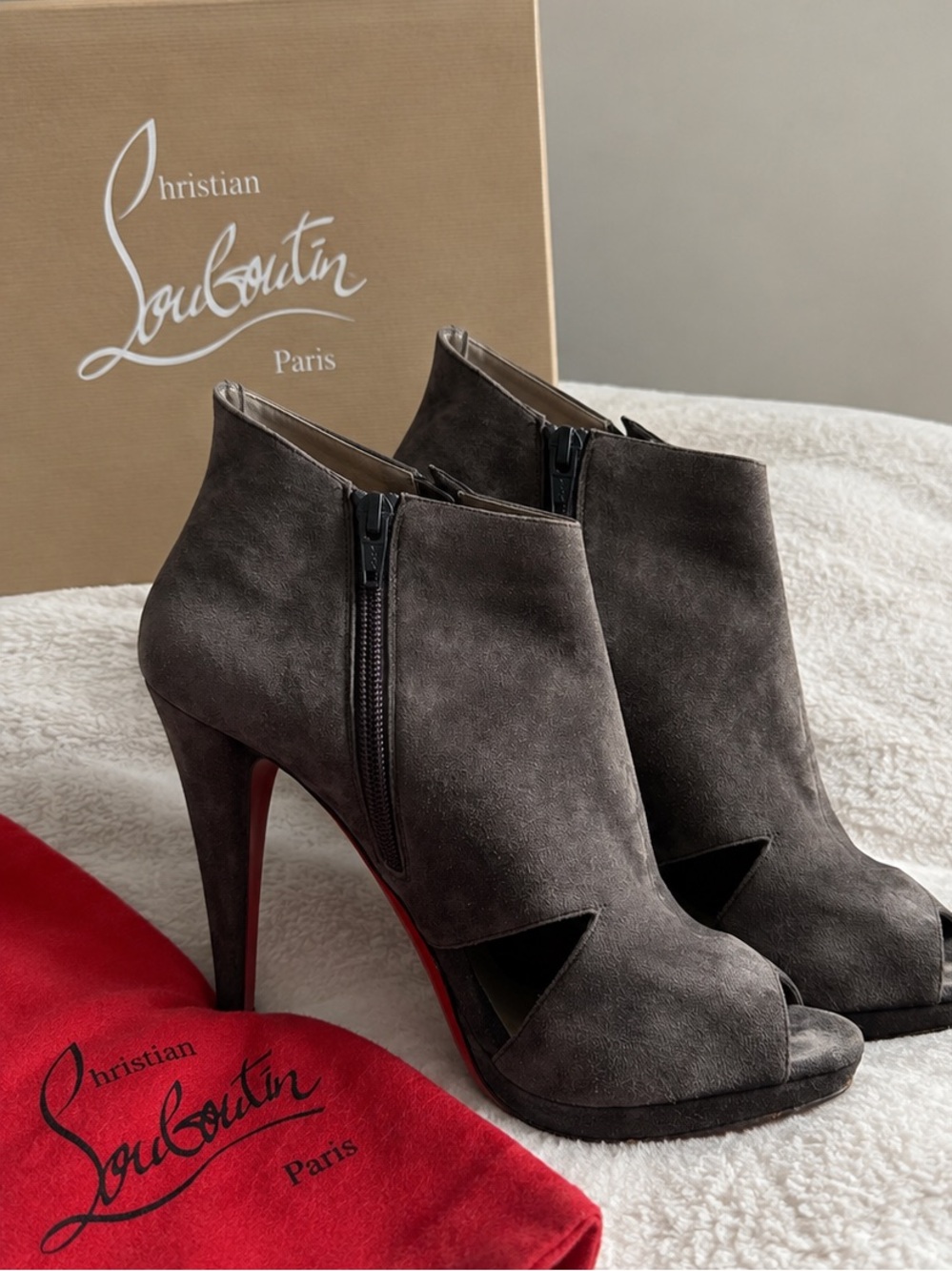 Christian Louboutin Charcoal Suede Peep-Toe Ankle Booties with Red Sole